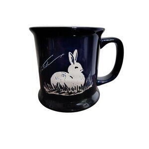 Gwen Frostic Ceramic Mug, White Etched Bunny Rabbit, Navy Blue, Coffee Cup